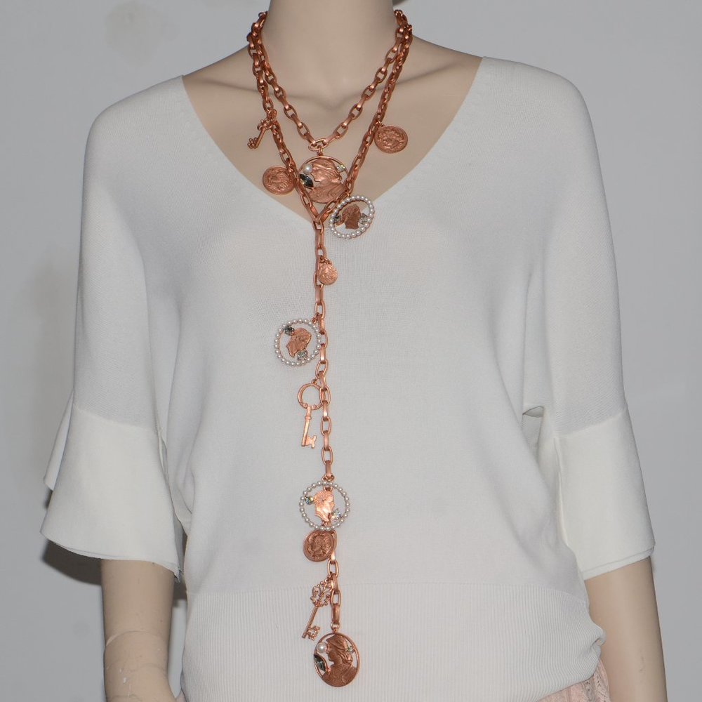 Oscar De La Renta Copper Finish Vintage Style Long Coin Necklace - Picture 1 of 9